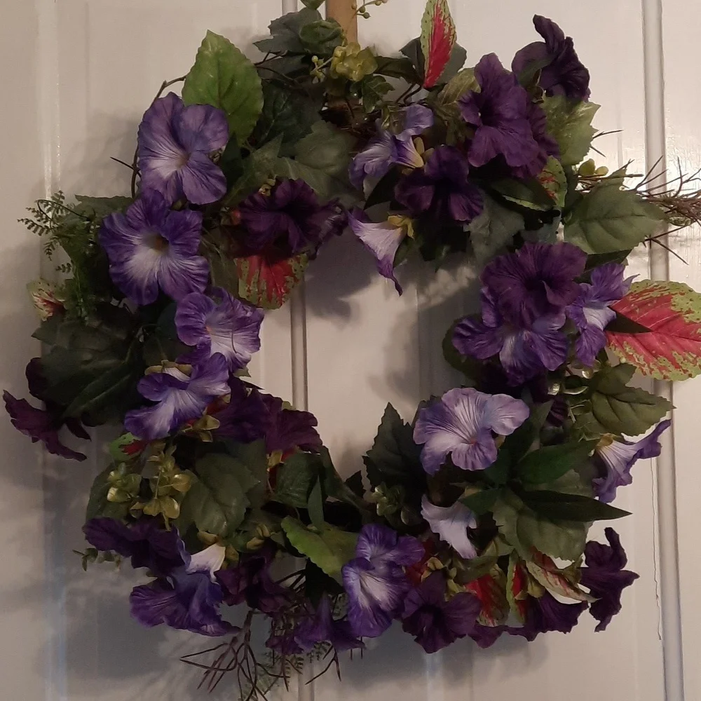 Wreath Purple Morning Glory Coleus Silk Artificial Flower Indoor Outdoor NEW